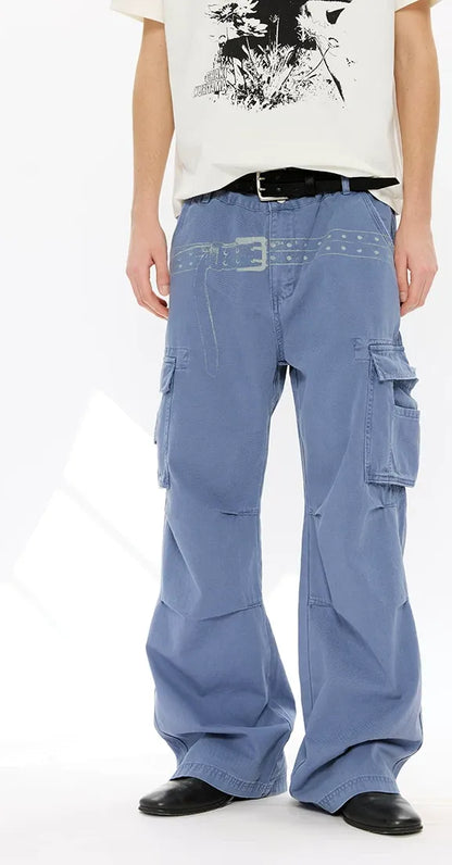 Washed Distressed Wide-Leg Cargo Pants
