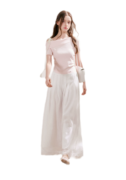 Lace Trim Ruched Knit Top