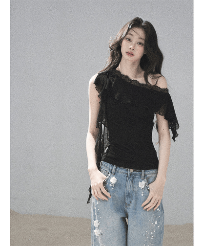 Lace One-Shoulder Crop Tee