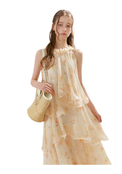Chiffon Floral Halter Long Dress