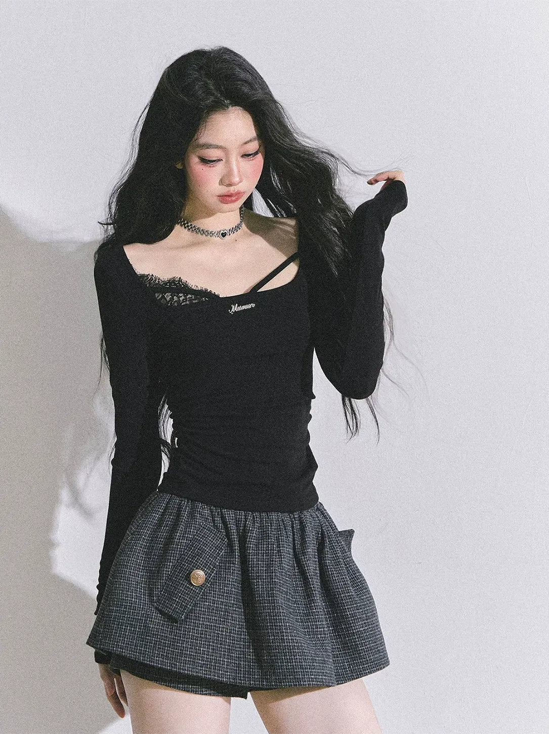 Lace Panel Fitted Long-Sleeve Top