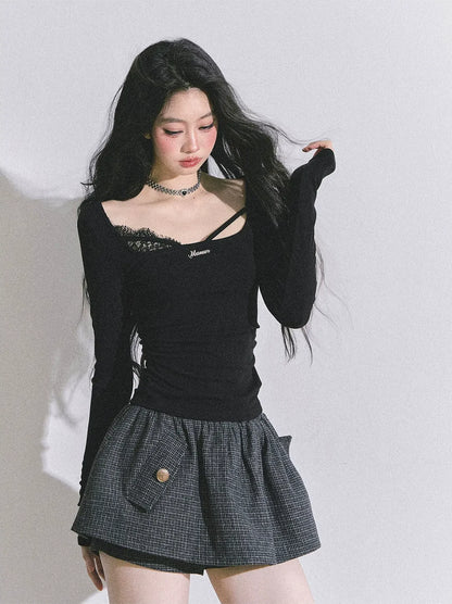 Lace Panel Fitted Long-Sleeve Top
