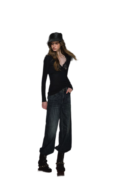Jeans ricamati a quadri effetto lavato