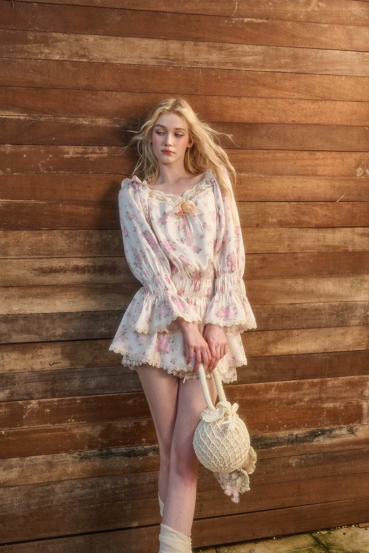 Floral Lace Puff-Sleeve Dress Set