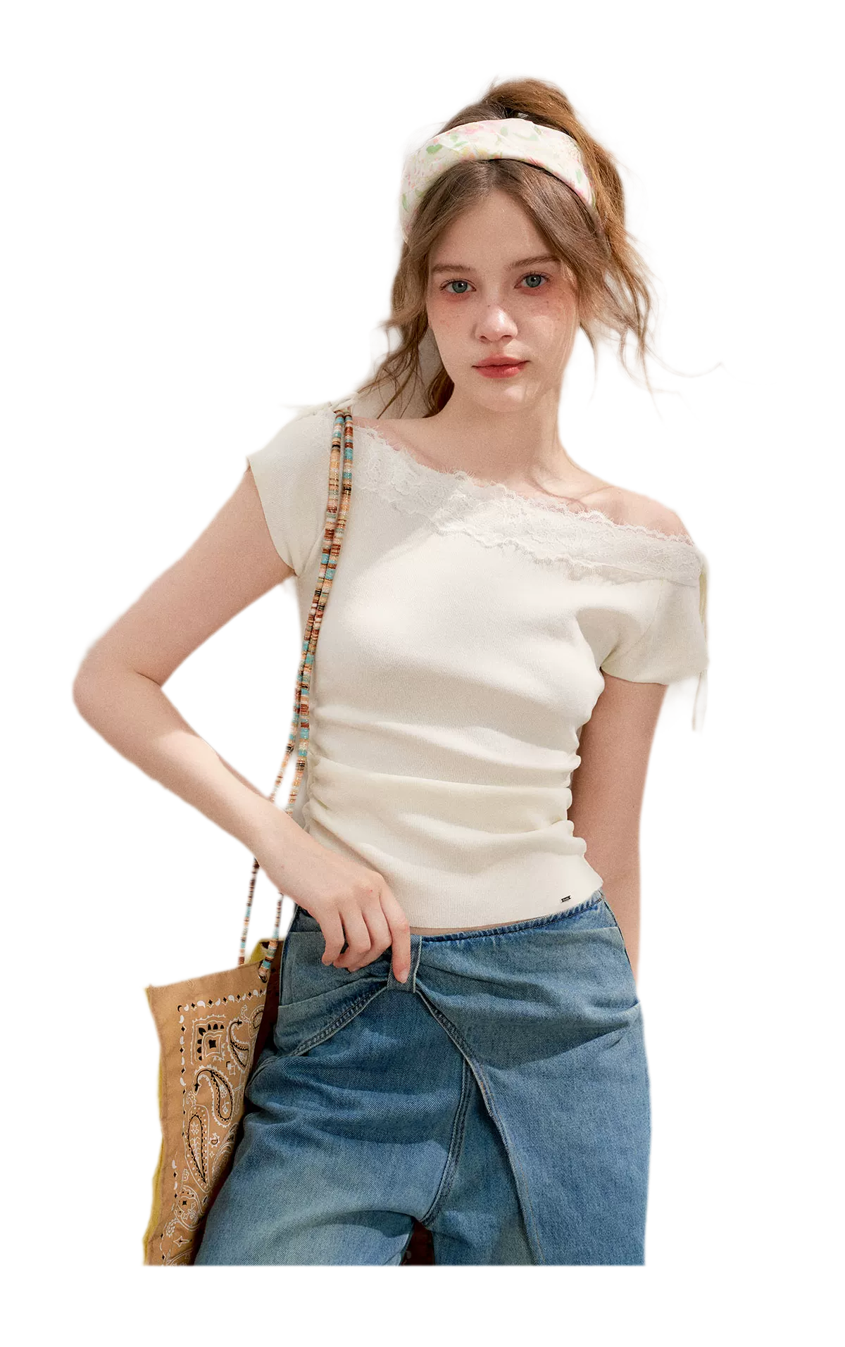Lace Trim Off-Shoulder Knit Top &amp; Denim Pants