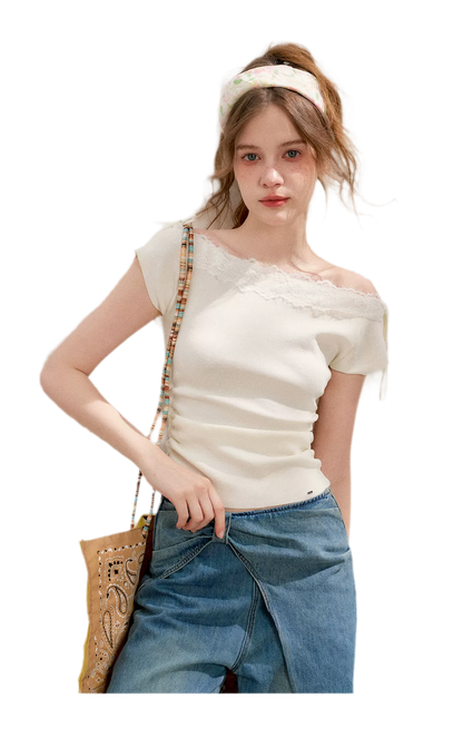 Lace Trim Off-Shoulder Knit Top &amp; Denim Pants