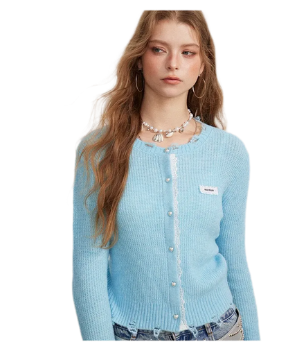 Lace Distressed Cropped Knit Sweater