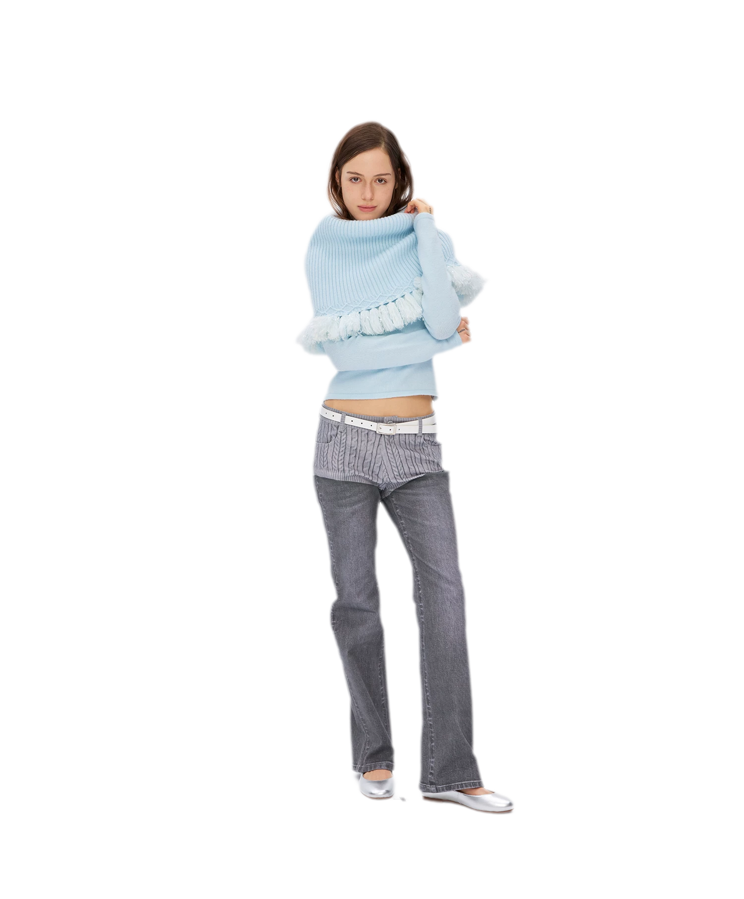 Fringed Ribbed Turtleneck Knit Top