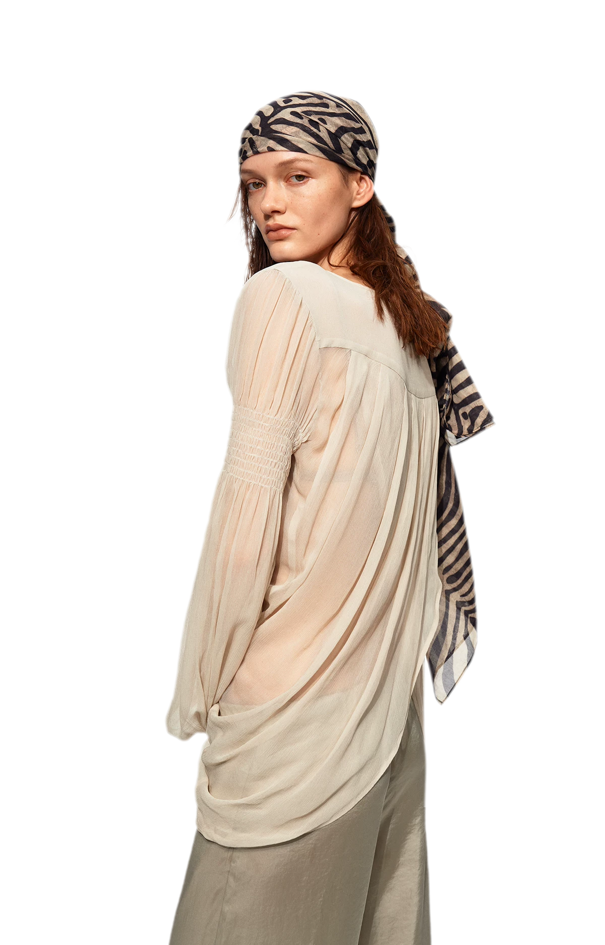 Pleated Bubble Sleeve Chiffon Blouse