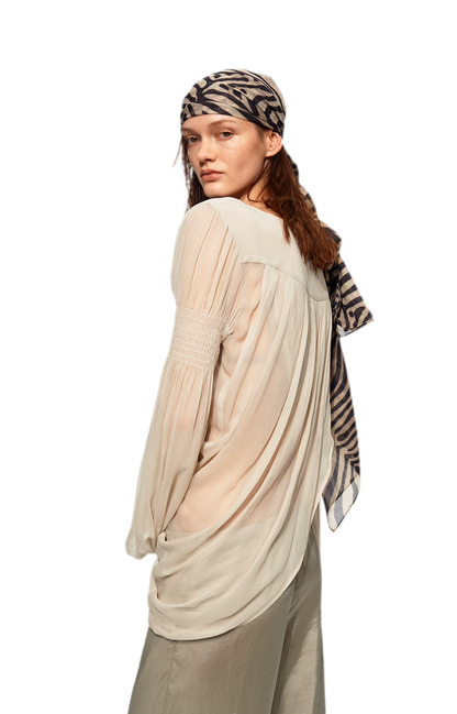 Pleated Bubble Sleeve Chiffon Blouse