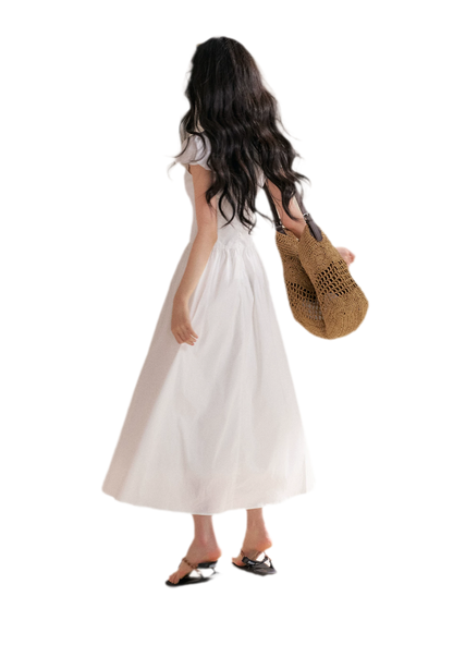 Knot Design French Lace Puff Sleeve A-Line Dress