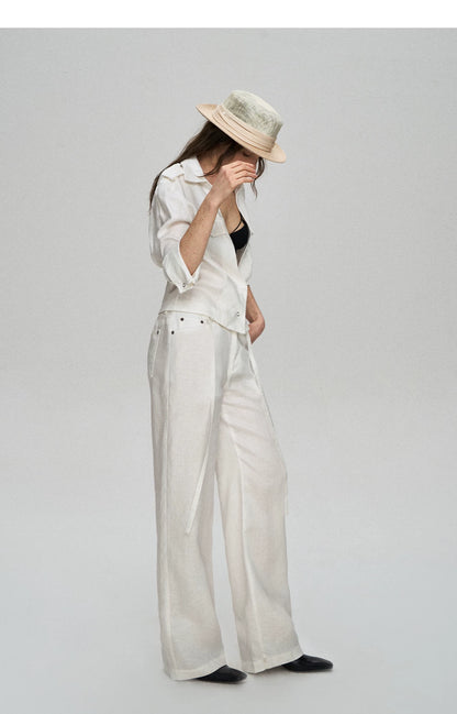 Tencel Linen Cool-Feel Mid-Sleeve Shirt &amp; High-Waist Wide-Leg