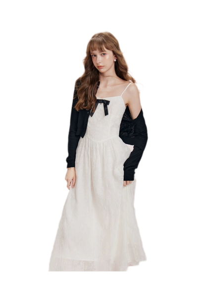 Flocked Bow Contrast Dress