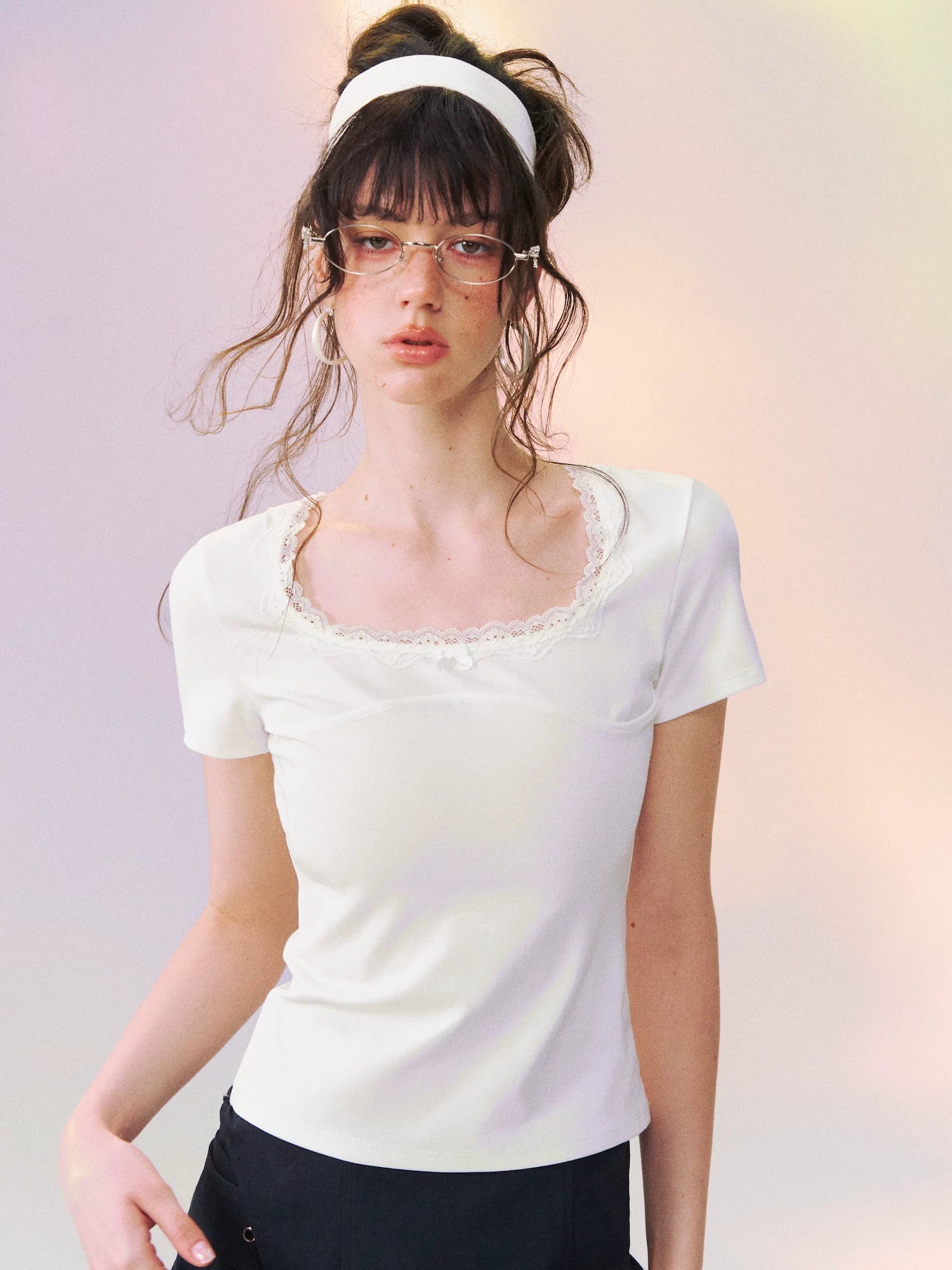 Square Neck Lace-Panel Slim T-shirt