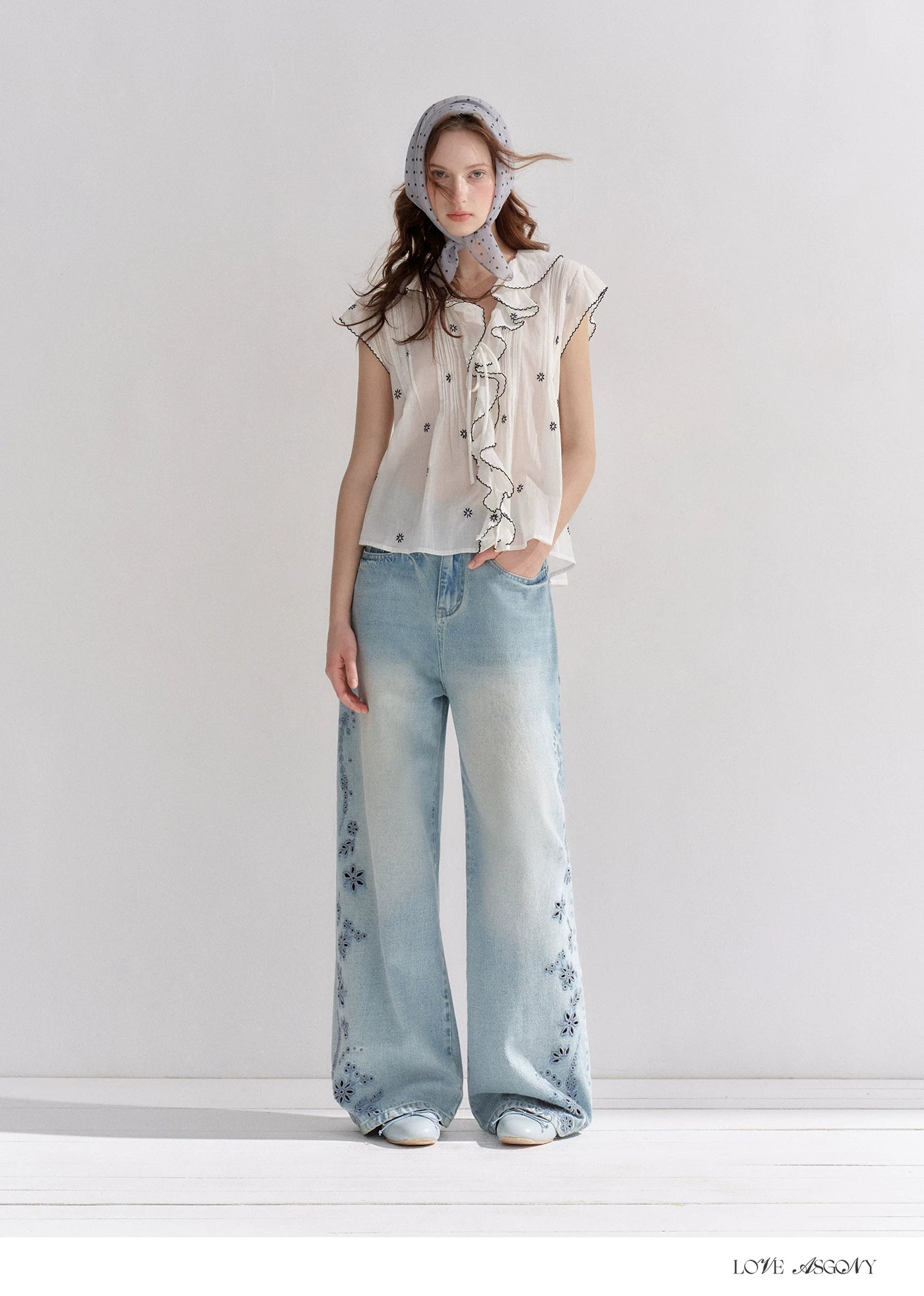 Embroidered Washed Wide-Leg Jeans