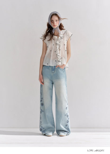 Embroidered Washed Wide-Leg Jeans