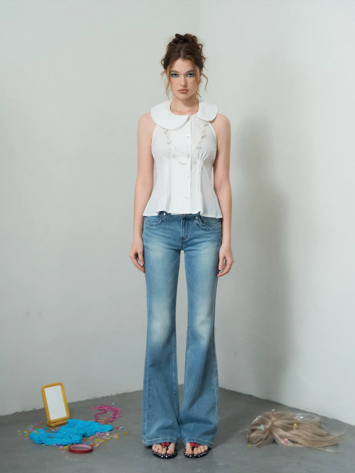 Washed Low-Rise Flare Jeans