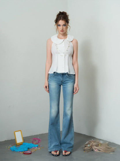 Washed Low-Rise Flare Jeans