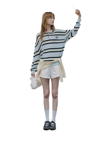 Washed Denim Striped Polo Set