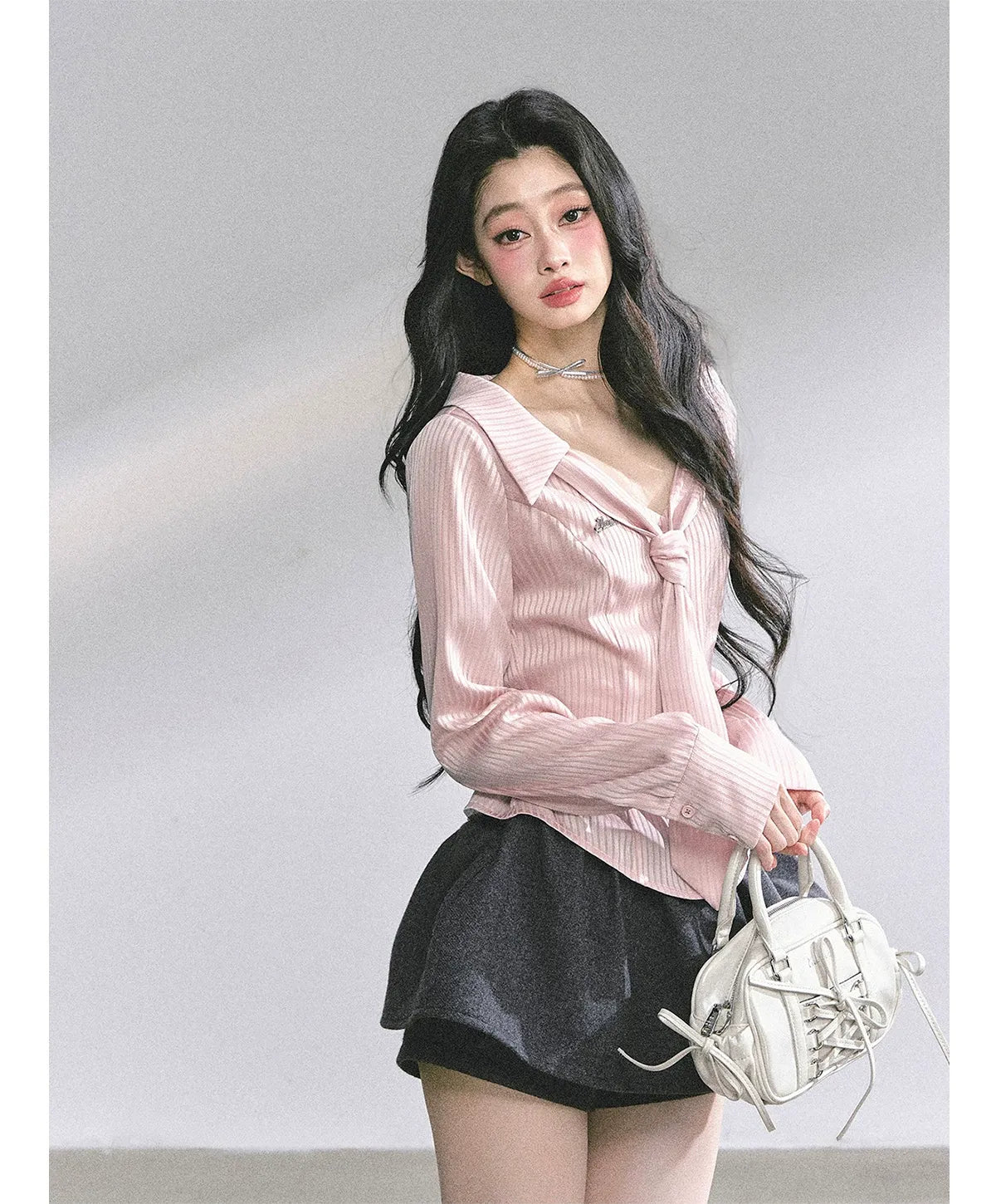 Satin Striped Tie Shirt
