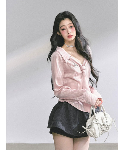Satin Striped Tie Shirt