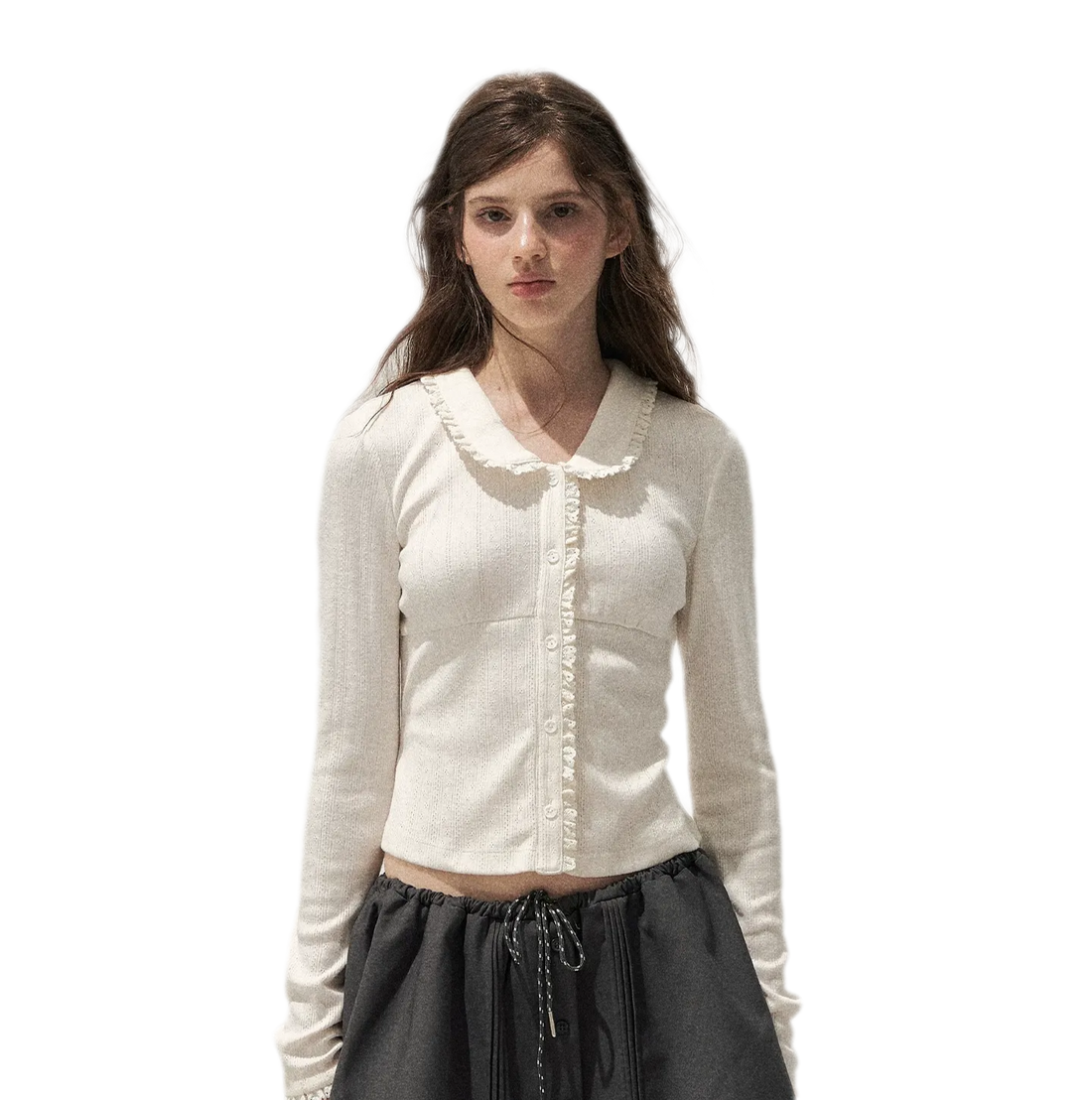 Textured Lace Collar Long-Sleeve Top