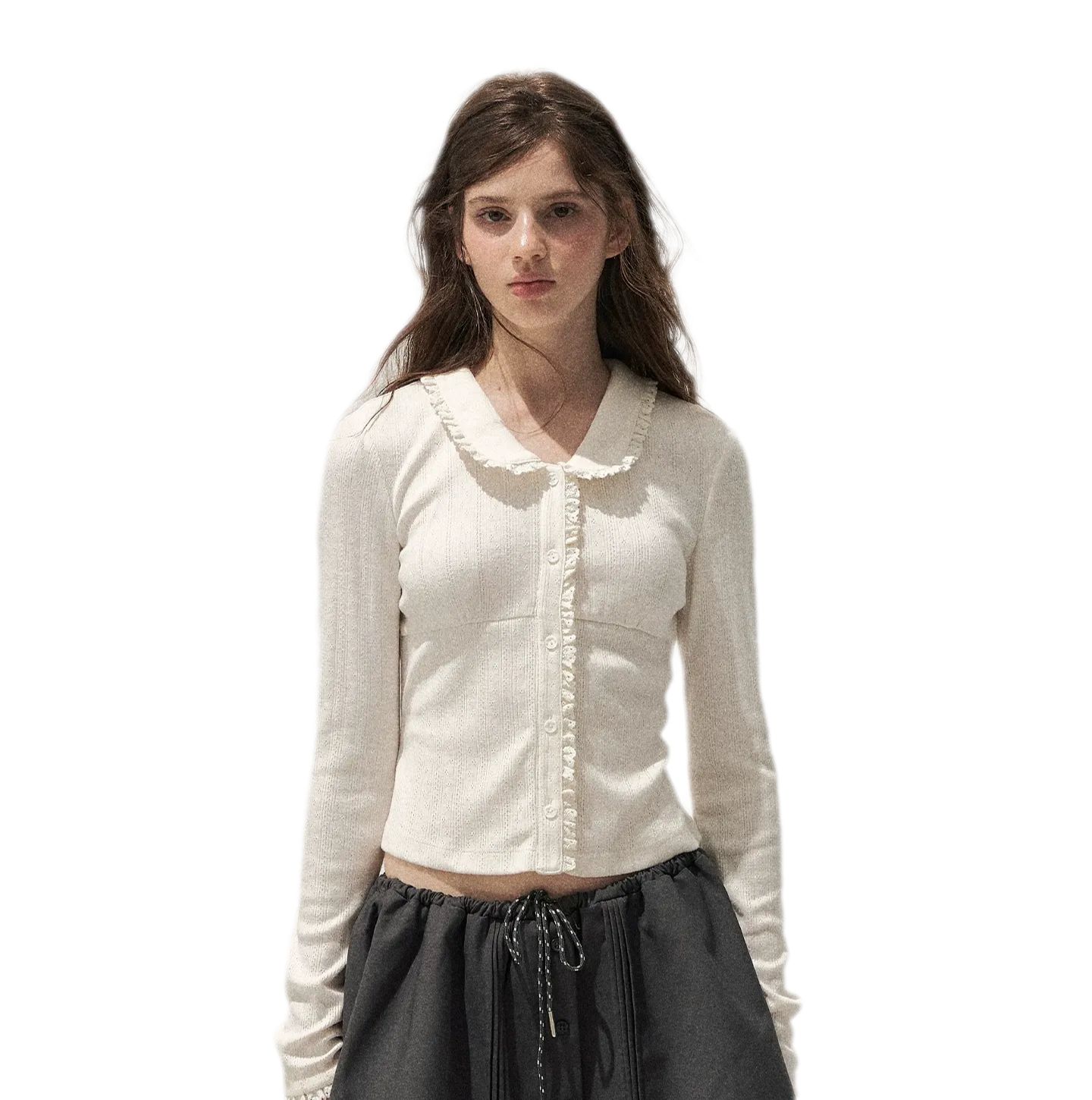 Textured Lace Collar Long-Sleeve Top