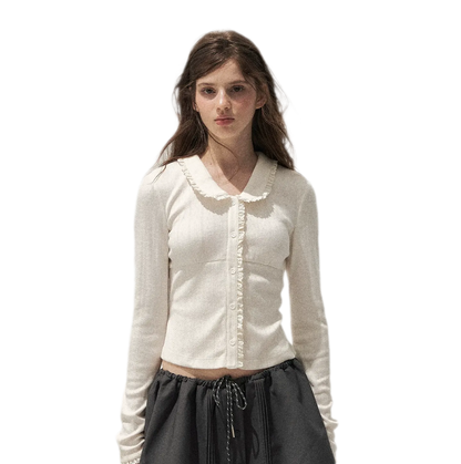 Textured Lace Collar Long-Sleeve Top