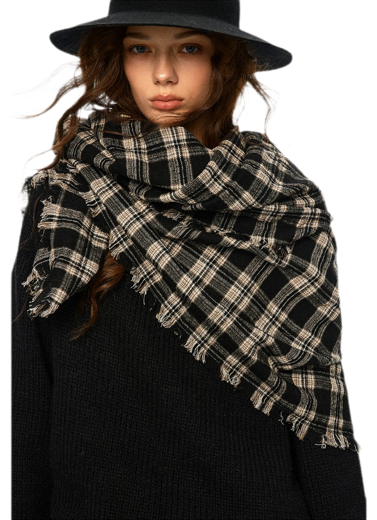 Wool Plaid Fringed Scarf