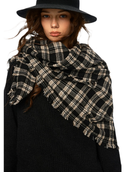 Wool Plaid Fringed Scarf