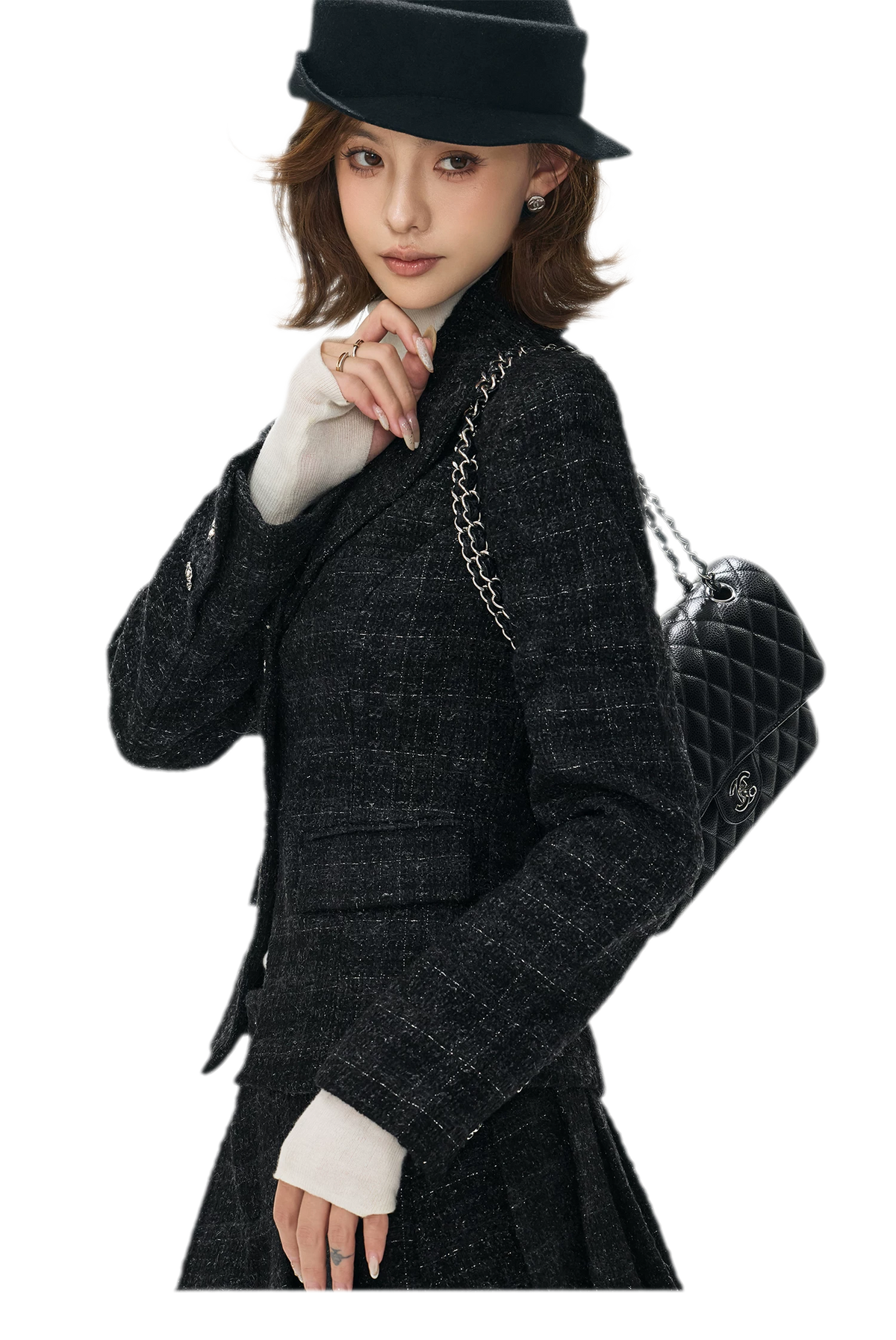 Tweed Jacket Pleated Skirt Set