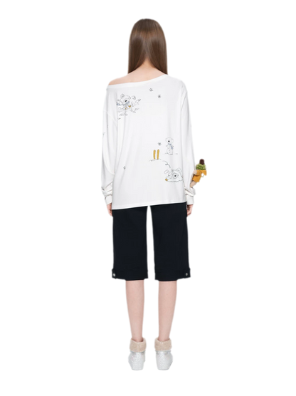 Graphic Off-Shoulder Long-Sleeve T-Shirt