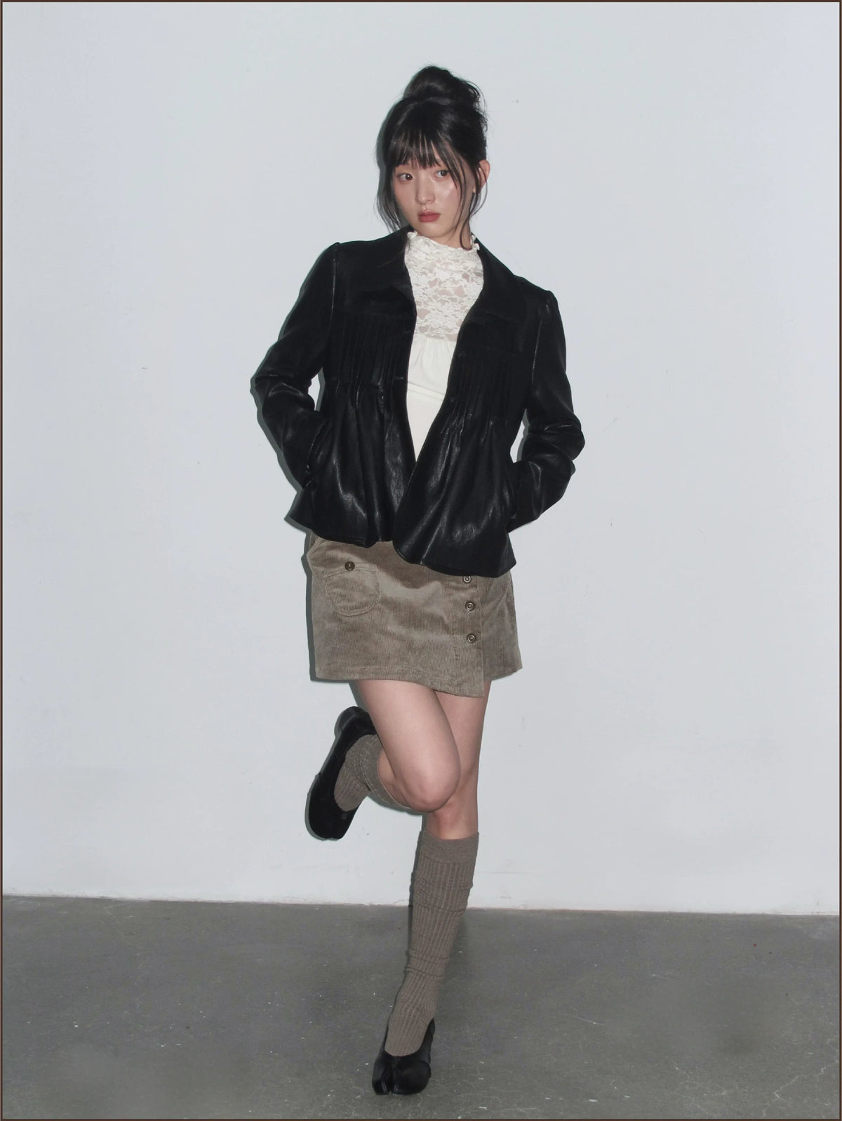 Distressed Pleated Oversized Leather Jacket