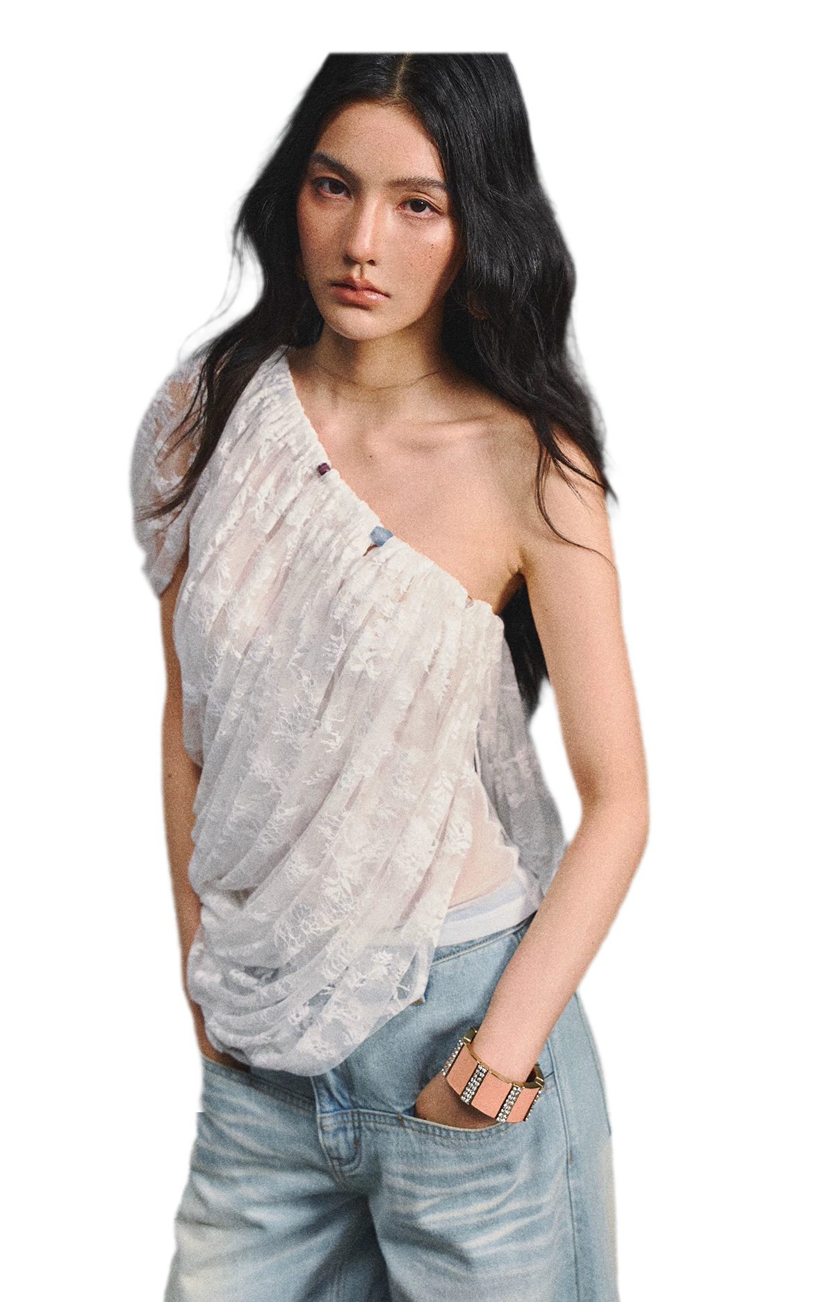 Lace Ruched Asymmetric Top