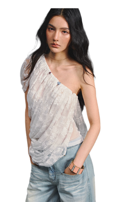 Lace Ruched Asymmetric Top