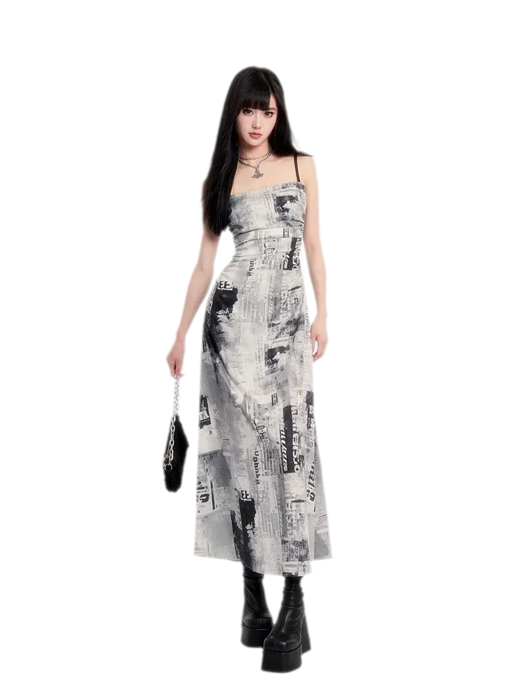 Newspaper Print Ruched Maxi Dress