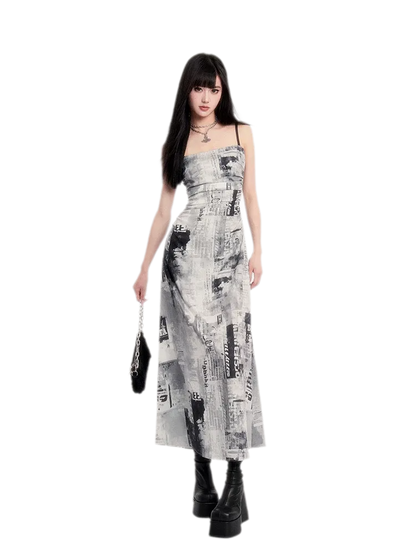 Newspaper Print Ruched Maxi Dress