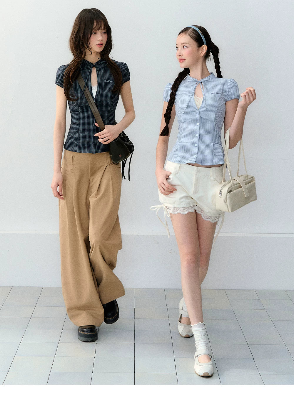 Retro Plaid Tie-Waist Hollow Waist Shirt
