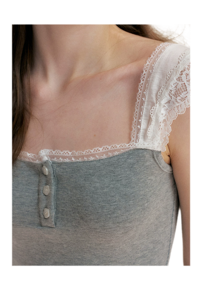 Lace Edge Wide Strap Knit T-Shirt