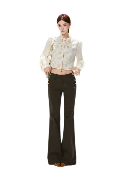 Low-Rise Metal-Button Flare Pants