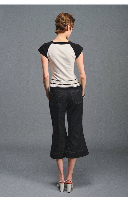Color Block U-Neck Short Sleeve T-Shirt