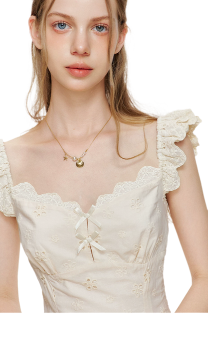 Embroidered Lace Flutter Sleeve Dress