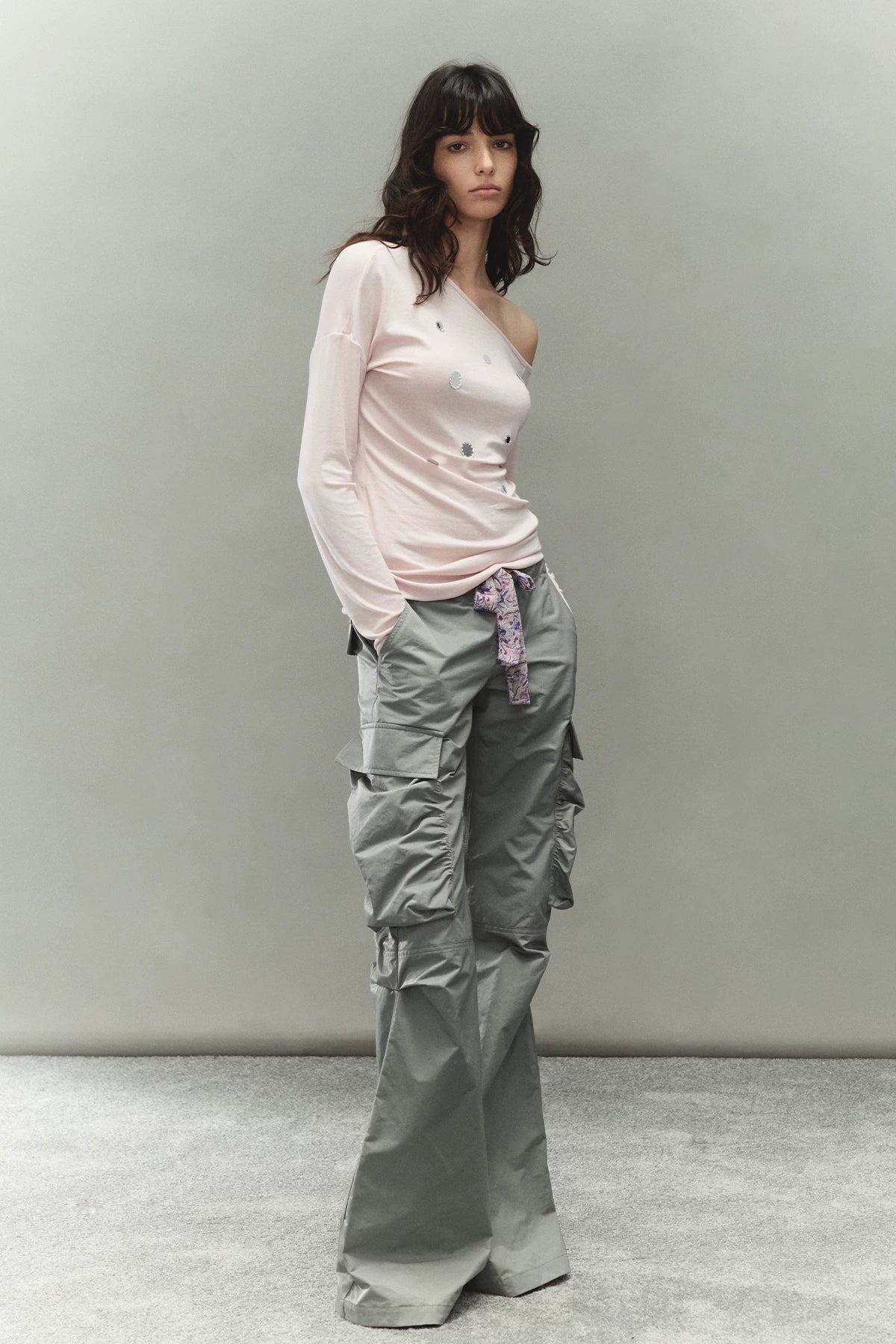 Printed Waistband Drawstring Multi-Pocket Low-Waist Cargo Pants