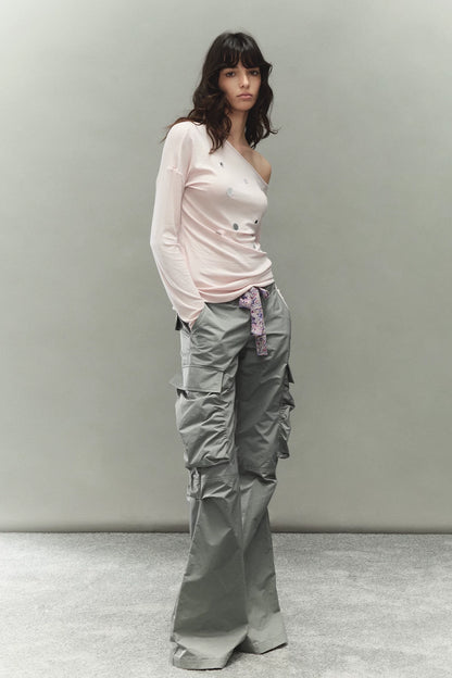 Printed Waistband Drawstring Multi-Pocket Low-Waist Cargo Pants