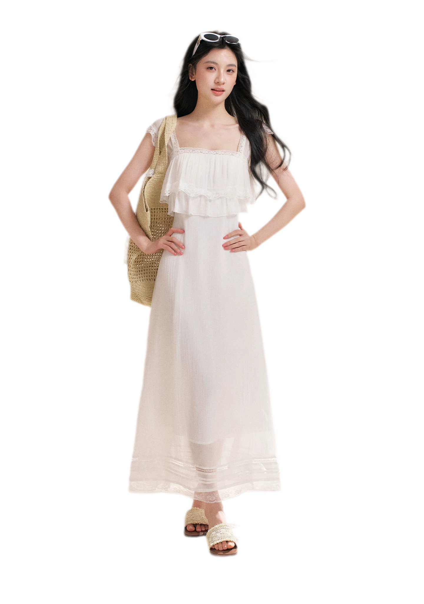 Lace Ruffle Waist Long Dress