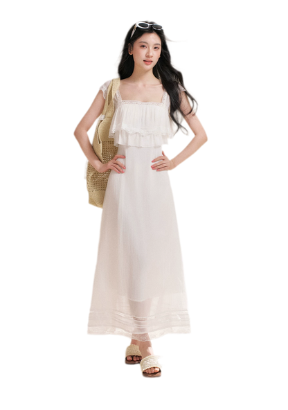 Lace Ruffle Waist Long Dress