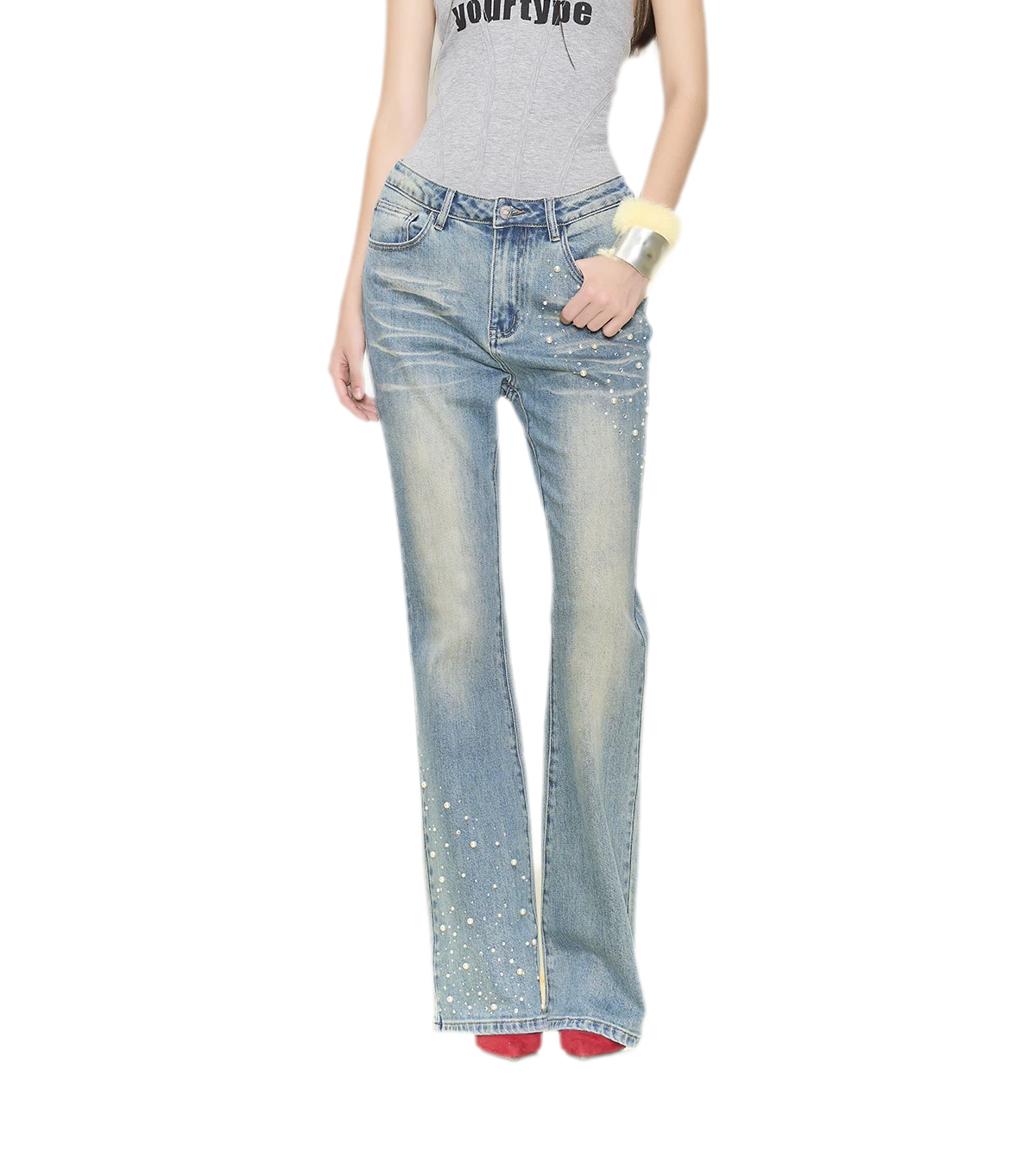 Pearl Embellished Straight Jeans