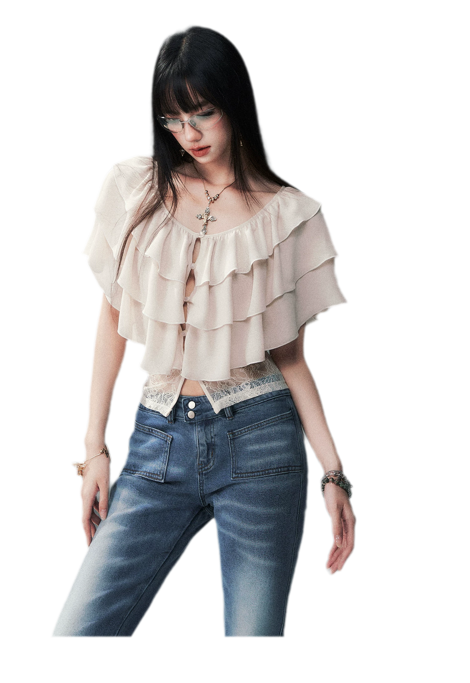 Milk Almond Ruffle Blouse