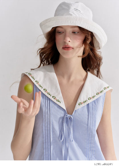 Embroidered Blue Striped Sailor Collar Pleated Dress