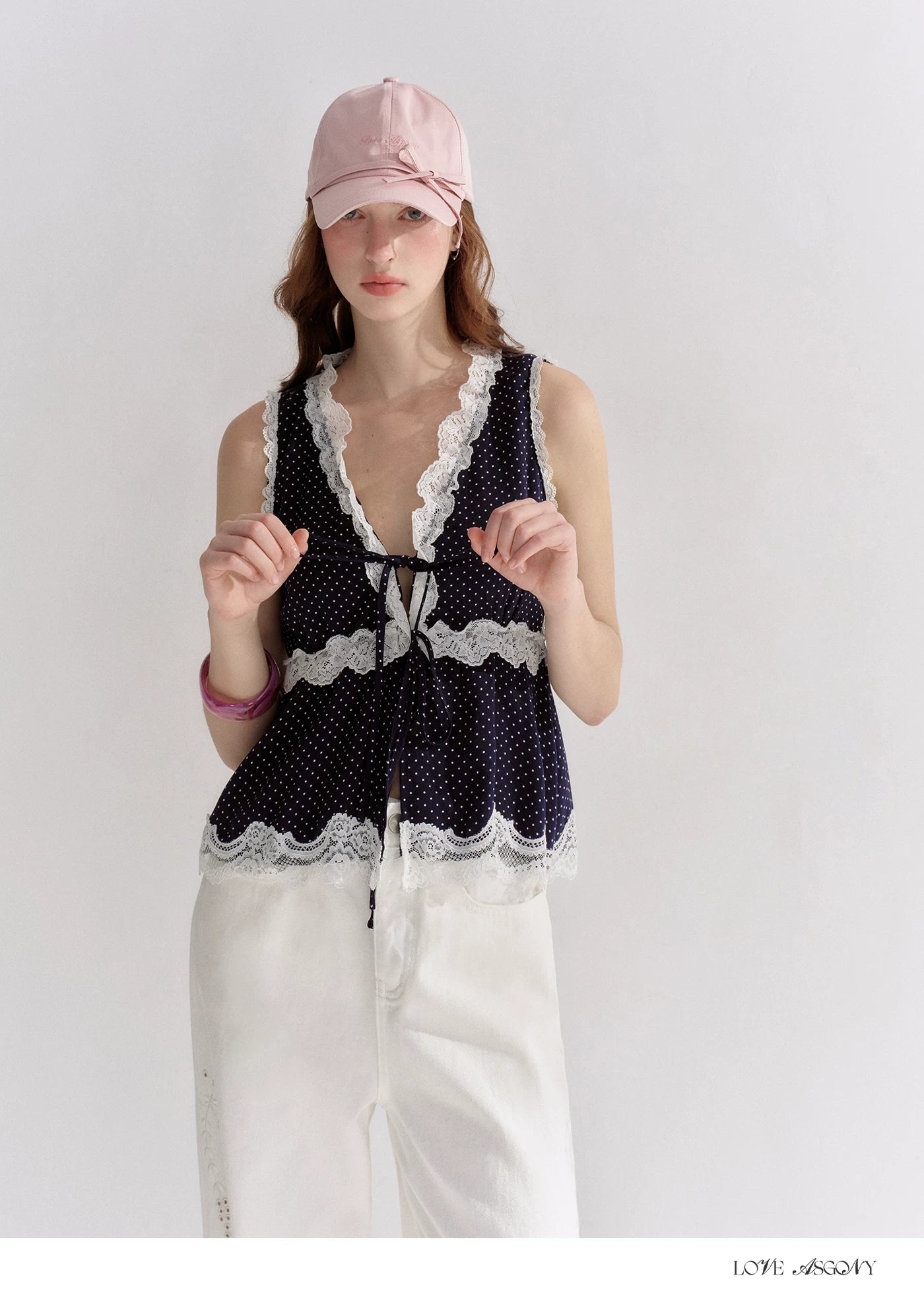 V-Neck Lace Polka Dot Waist-Defined Sleeveless Top